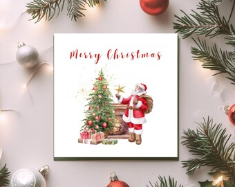 May include: A square Christmas card with the words "Merry Christmas" in red script. The card features an illustration of Santa Claus, a decorated Christmas tree, and a fireplace. Red and gold ornaments and evergreen branches surround the card.