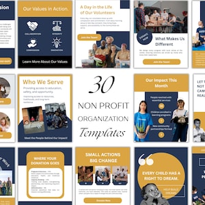 May include: A collection of 30 non-profit organization templates. The templates feature a navy blue and gold color scheme with various images and text, including "Why Our Mission Matters" and "Small Actions Big Change."