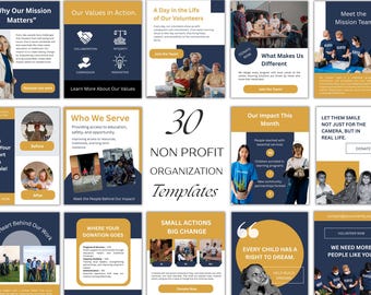 Plantillas de Canva para organizaciones sin fines de lucro / 30 publicaciones profesionales para organizaciones benéficas y recaudación de fondos / Kit de redes sociales para ONG
