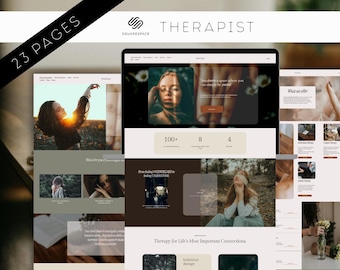 May include: A website design mockup with the word "THERAPIST" and "23 PAGES" displayed. The design features multiple website page layouts with images and text. The Squarespace logo is visible. The website design includes images of people and text such as "Therapy for Life's Most Important Connections".