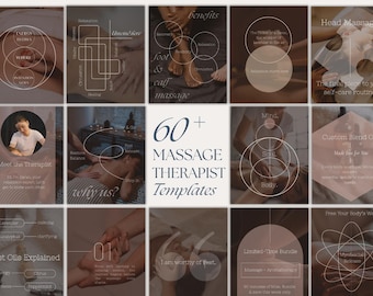 May include: A collection of 15 templates for massage therapists, featuring images of massage techniques, diagrams, and text. The templates include topics like benefits, head massage, and custom blend oils. The text includes "60+ Massage Therapist Templates".
