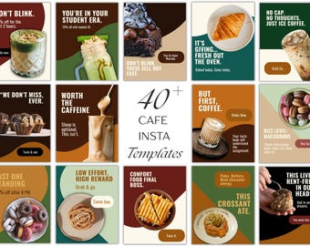 May include: A collection of 40+ cafe Instagram templates with various food and drink images, including coffee, pastries, and desserts. Each template features text overlays with promotional messages and calls to action.