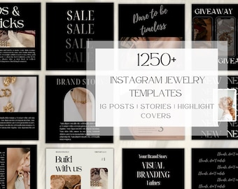 May include: A collection of Instagram jewelry templates with a black and white design. The image includes text that reads "1250+ Instagram Jewelry Templates" and "IG Posts | Stories | Highlight Covers."