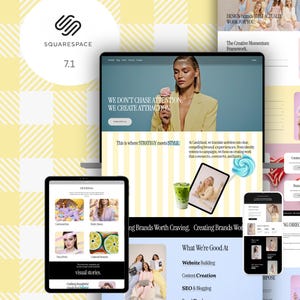 Könnte beinhalten: Eine digitale Anzeige, die das Layout einer Squarespace 7.1-Website auf einem Laptop, Tablet und Smartphone zeigt. Das Design umfasst einen gelb-weiß gestreiften Hintergrund, Fotografien von Personen und Text, einschließlich "We don't chase attention, we create attraction."