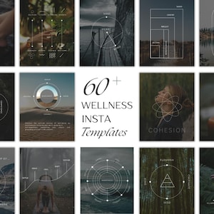 Op de afbeelding: Een verzameling van 60+ wellness Instagram-sjablonen. De sjablonen hebben minimalistische ontwerpen met geometrische vormen, natuurscènes en tekstoverlays. Het kleurenpalet is gedempt, met tinten grijs, wit en aardetinten. De sjablonen zijn ontworpen voor wellness-content.