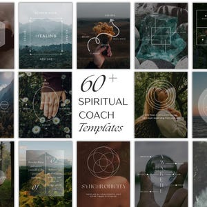 Puede incluir: Una colección de 12 plantillas digitales para coaches espirituales. Las plantillas presentan escenas de la naturaleza, diseños geométricos y citas inspiradoras. El texto incluye "Holiday Special", "Healing" y "60+ Spiritual Coach Templates".