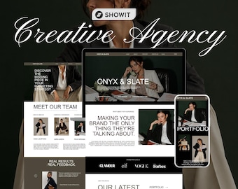Peut inclure: Un affichage numérique d'un modèle de site web intitulé Onyx & Slate pour une agence créative. La mise en page présente une palette de couleurs sombres, des photographies professionnelles et une typographie grasse. Le texte inclut Showit, Creative Agency et des noms de marques comme Glamour et Forbes.
