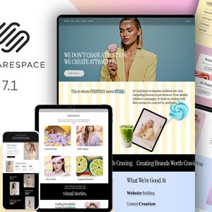 Könnte beinhalten: Ein digitales Marketing- und Website-Design-Konzept, das eine Squarespace 7.1-Website auf verschiedenen Geräten präsentiert. Das Design zeigt eine Frau in einem gelben Blazer, einen Lolli und den Text „WE DON'T CHASE ATTENTION. WE CREATE ATTRACTION“.