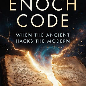以下が含まれることがあります： 暗い背景に金色の文字で書かれた「The Enoch Code」の表紙。画像には、破れた古代風の書籍が描かれており、その破れ目から光が放たれ、「WHEN THE ANCIENT HACKS THE MODERN」というテキストが表示されています。