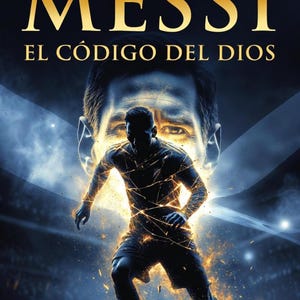 May include: Digital art poster featuring a soccer player in action, with a large image of a face in the background. The text "MESSI" in gold letters is at the top, with "EL CÓDIGO DEL DIOS" below.