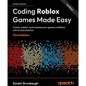 Op de afbeelding: Een boek getiteld "Coding Roblox Games Made Easy" met de ondertitel "Create, publish, and monetize your games on Roblox with AI and analytics." De cover is zwart met witte tekst en een pixelontwerp in rood, geel, blauw en oranje.