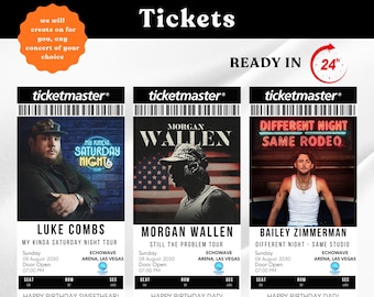 May include: Custom concert tickets featuring Luke Combs, Morgan Wallen, and Bailey Zimmerman. The tickets are designed with the Ticketmaster logo and include event details such as date, time, and venue. The text "Happy Birthday Sweetheart!" and "Happy Birthday Dad!" are printed on the tickets.