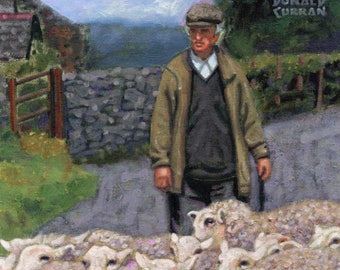 Color Print of Oil Painting, Shepherd and his Sheep, Ireland