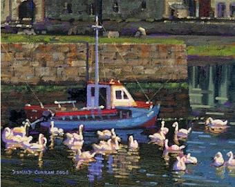 Color Print of Oil Painting, Galway Harbour Boats and Swans, Ireland