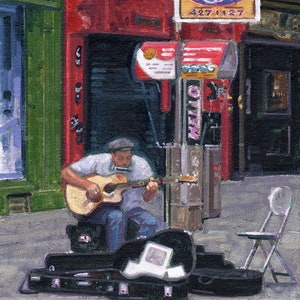 Color Print of Oil Painting, Street Music Busker, Ireland