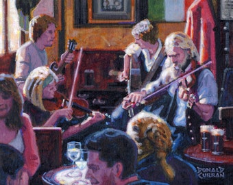 May include: A painting of a group of people playing music in a pub. There are two women playing violins, a man playing a guitar, and a man playing a fiddle. The painting is done in a realistic style and features warm colors.