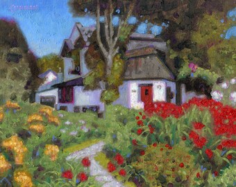 Color Print of Oil Painting, Irish Cottage Style Home and Garden, Landscape, Ireland