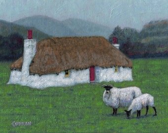 Color Print of Oil Painting, Irish Cottage and Sheep, Ireland