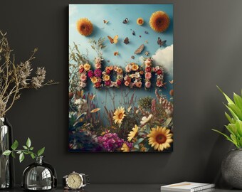 Impressão com nome e flores silvestres – Arte floral personalizada para quarto de bebê, decoração boho