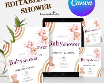 Editable Boho Teddy Bear Baby Shower Invitation Template (Digital Download)