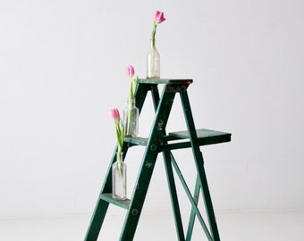 vintage green wood ladder, painted ladder