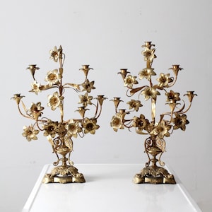 antique brass flower candelabra pair