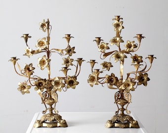 antique brass flower candelabra pair