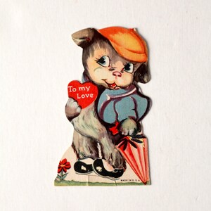 Carte de Saint-Valentin vintage des années 30 - carte de chiot découpée à l'emporte-pièce