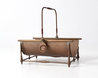 antique copper basket, fireplace log holder