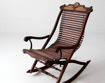 antique rocking chair, Victorian slat wood lounge rocker chair