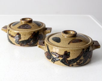 vintage handmade studio pottery covered serving dish pair