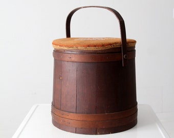 antique firkin sugar bucket with needlepoint lid