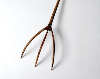 antique primitive hay fork - rustic wooden pitch fork