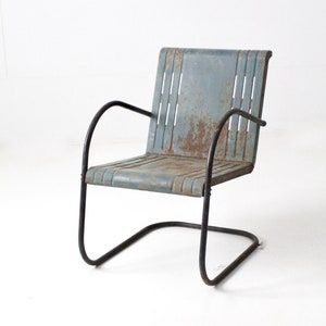 mid-century patio chair, blue metal bouncer chair