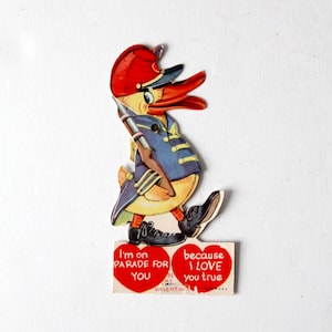 biglietto di San Valentino vintage anni '30, carta piatta a forma di anatra fustellata meccanicamente