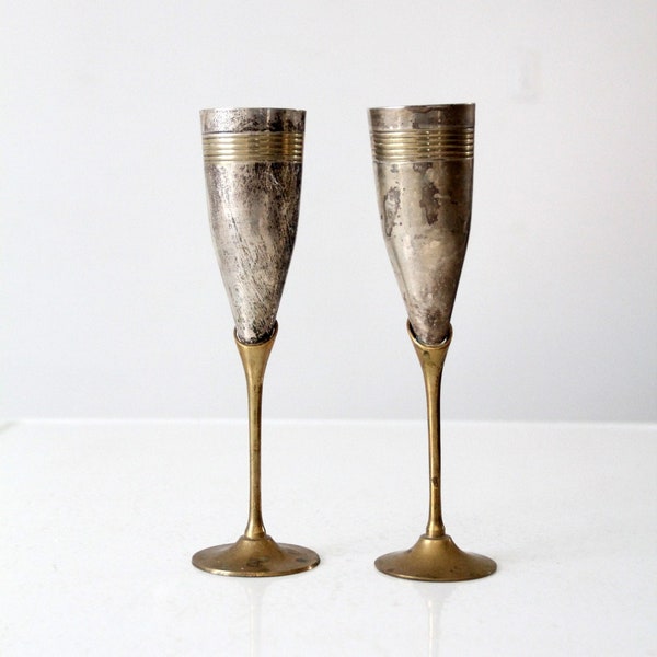 vintage brass and silver-plate champagne flutes pair