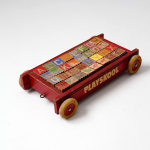 vintage Playskool toy wagon with wooden blocks set