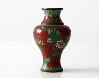 vintage Chinese cloisonné vase, small red floral vase