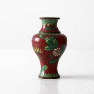 vintage Chinese cloisonné vase, small red floral vase image 1