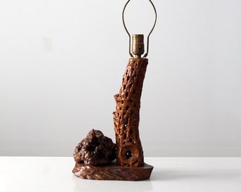 mid century burl wood table lamp, live edge wood lighting