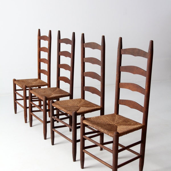 RESERVE - antique ladder back chairs with rush seat, set of 4 dining chairs