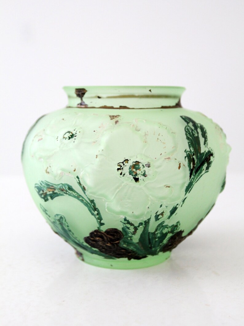 vintage painted glass vase, green frosted glass image 5