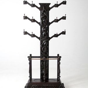 antique gothic revival carved wood hall tree