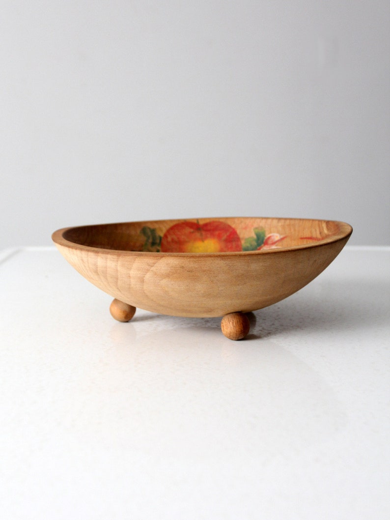 vintage hand-painted footed wood bowl image 2