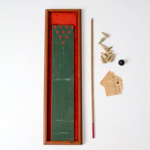 vintage tabletop bowling game, skittles with cue stick
