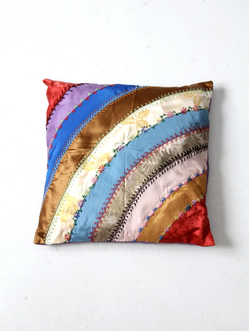 antique rainbow crazy quilt throw pillow image 1