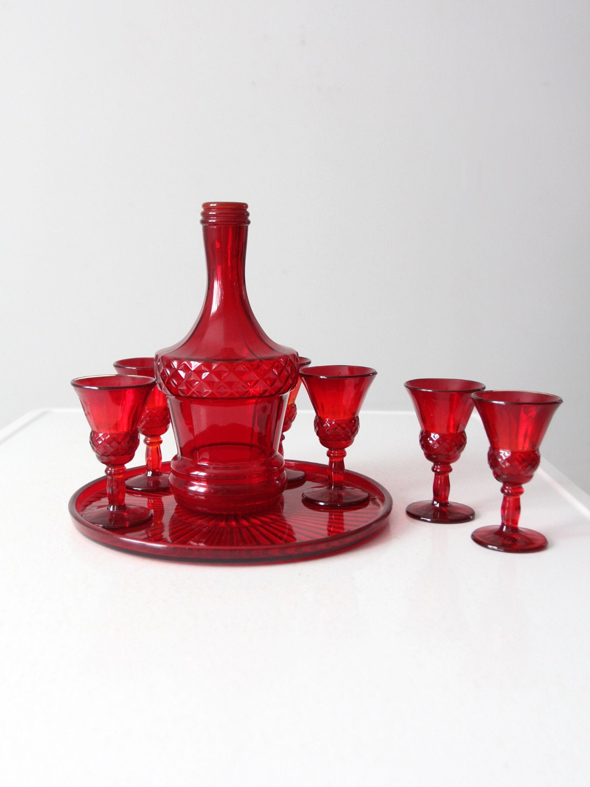 Vintage New Martinsville Lady Astor Red Decanter Set Circa 1930s