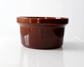 vintage ceramic pot, brown glazed lipped bowl