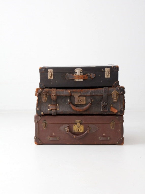 vintage leather suitcase, brown luggage, stacking… - image 5