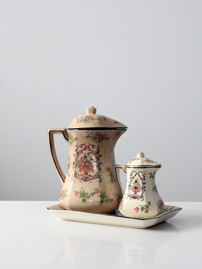 floral teapot set, pre-1950s Japanese porcelain tea pot, creamer and tray by Tashiro Shoten image 2